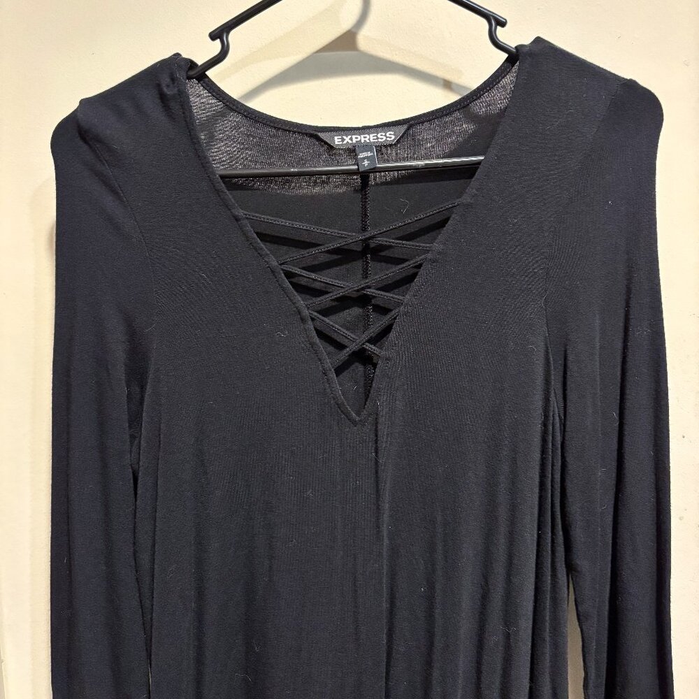 Long Sleeve Casual Skater Skirt V-Neck Lace Up Style Dress - Black